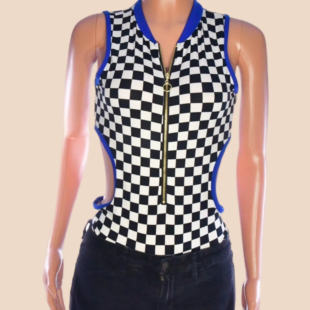 WOMEN’S RACING CHECKER PRINT BODYSUIT